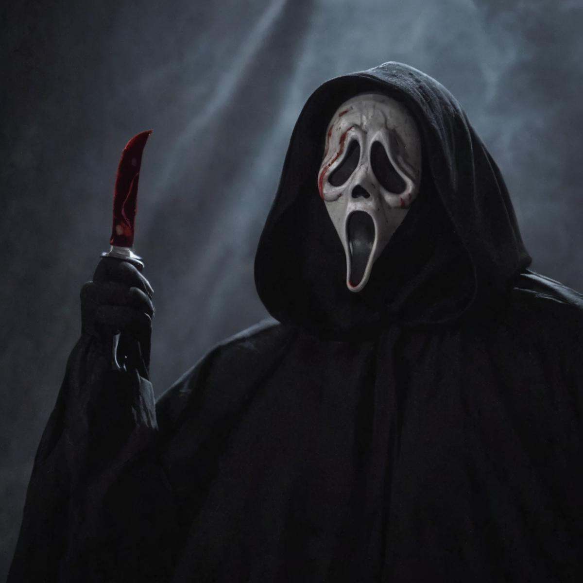 cinematic film still of Chiaroscuro Lighting Style Ghostface a person in a black hood holding a bloody knife,  scream horr...