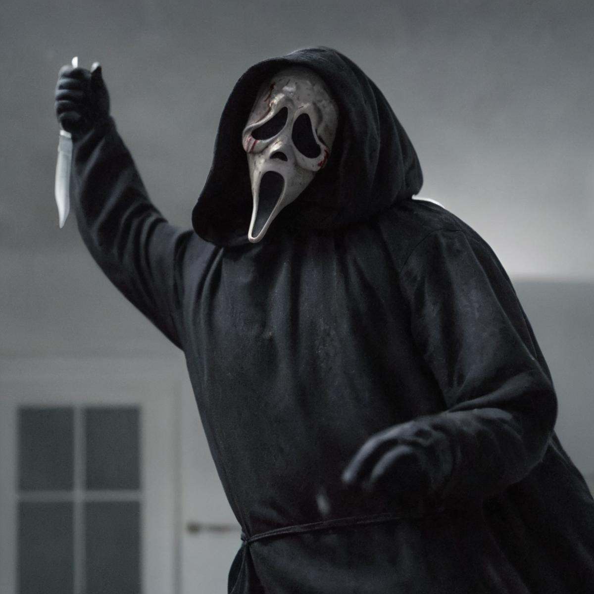 cinematic film still of Chiaroscuro Lighting Style Ghostface a statue of a person with a knife in his hand,  scream horror...