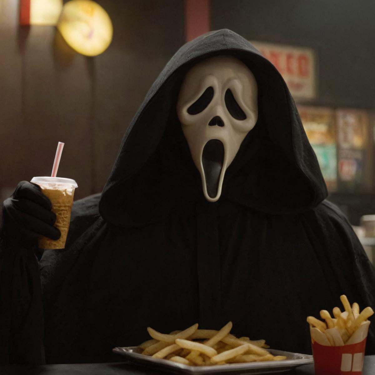 cinematic film still of Chiaroscuro Lighting Style Ghostface a person in a ghost mask eating a sandwich in a fast food res...