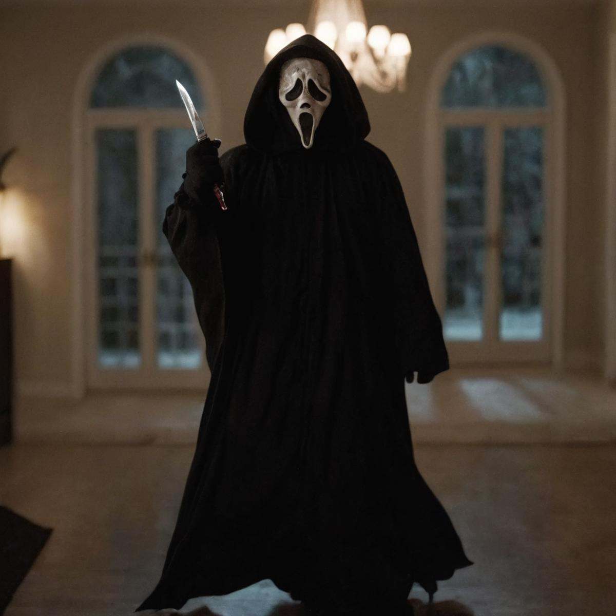 cinematic film still of Chiaroscuro Lighting Style Ghostface a man in a black robe holding a knife,  scream horror movie s...