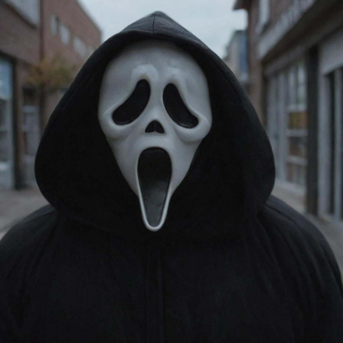 cinematic film still of Chiaroscuro Lighting Style Ghostface a person in a black hoodie with a white face and a black hood...