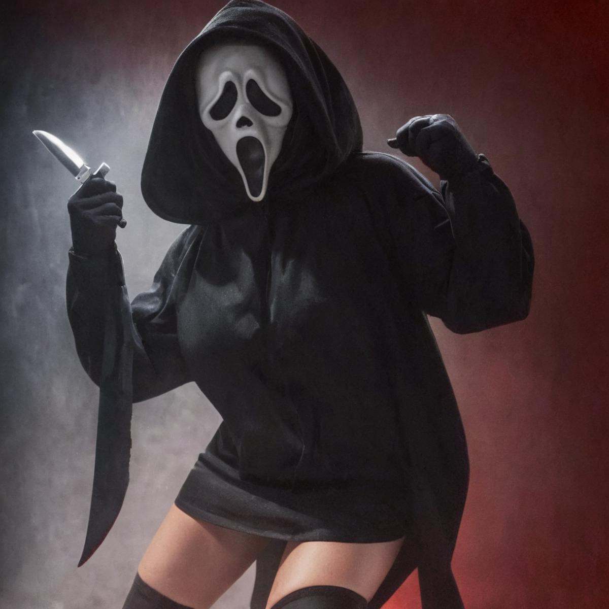 cinematic film still of Chiaroscuro Lighting Style Ghostface a very sexy woman in a nude teasing black outfit holding a pe...