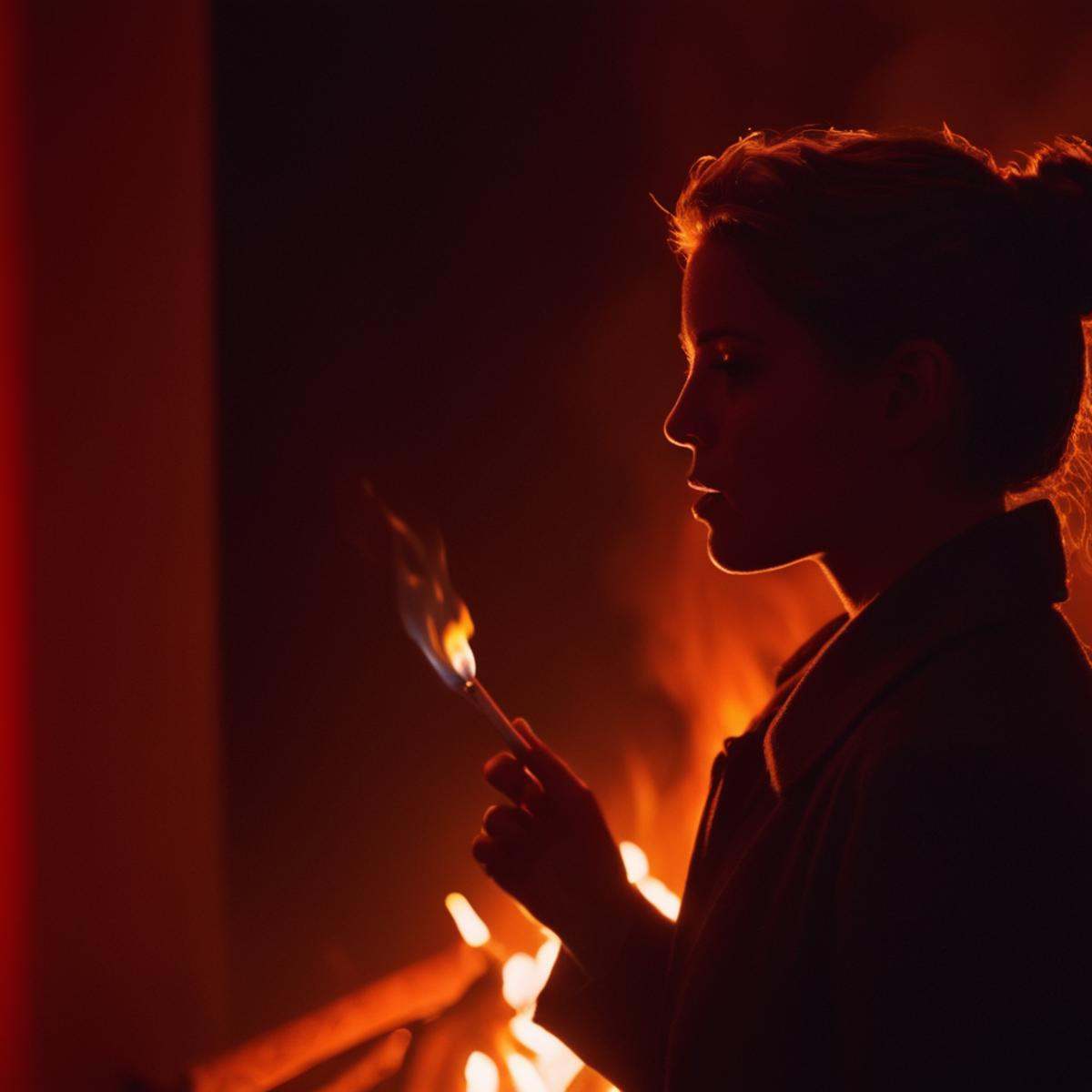 cinematic film still of A backlight photo of a woman standing in front of a fire with a cigarette in her mouth,  solo,  1b...