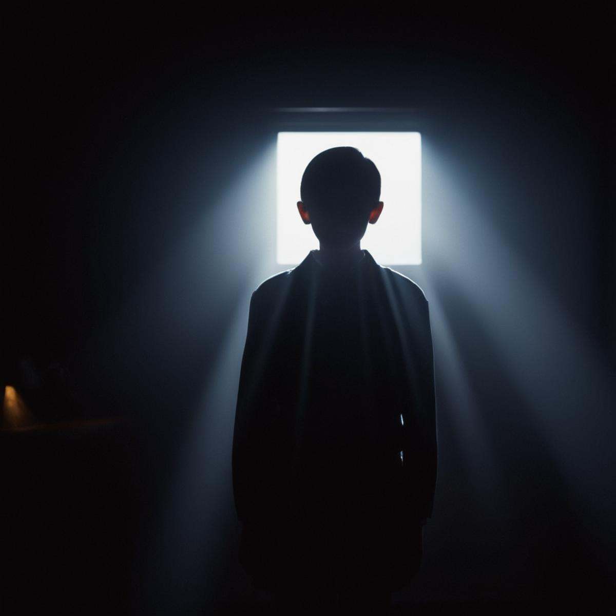 cinematic film still of A backlight photo of a person standing in a dark room with a light coming through a window,  1girl...