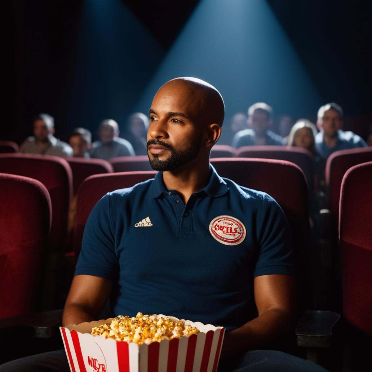cinematic film still of A backlight photo of a man sitting in a theater with a popcorn box,  shirt,  sitting on Tensor.Art
