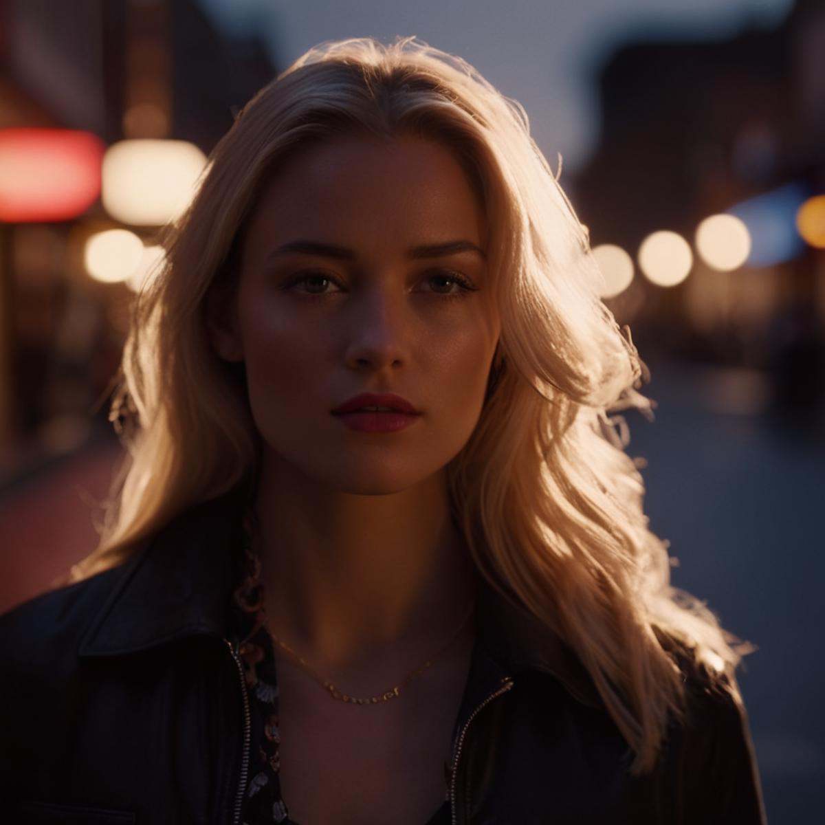 cinematic film still of A backlight photo of a woman with long blonde hair standing in the middle of a road,  1girl,  solo...