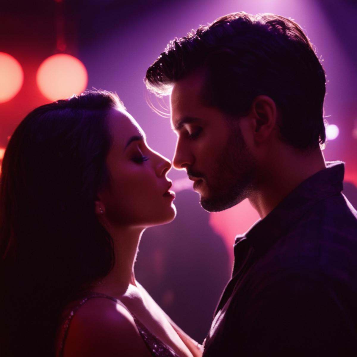 cinematic film still of A backlight photo of a man and woman kissing in a nightclub,  1girl,  long hair on Tensor.Art