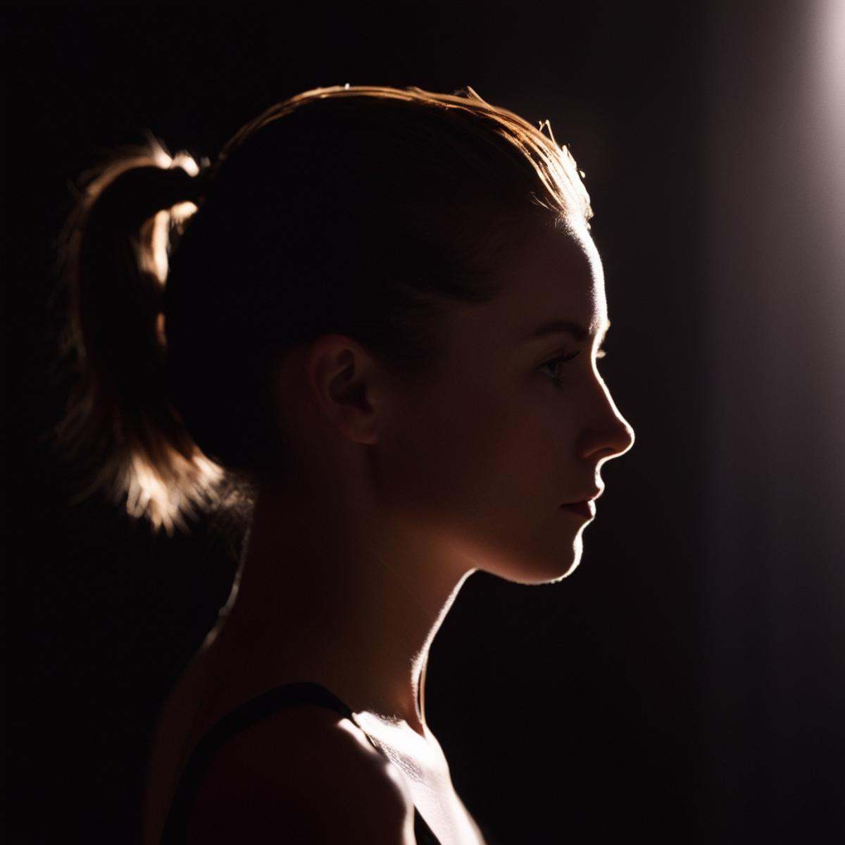 cinematic film still of A backlight photo of a woman in the dark with her hair in a ponytail,  solo,  short hair on Tensor...
