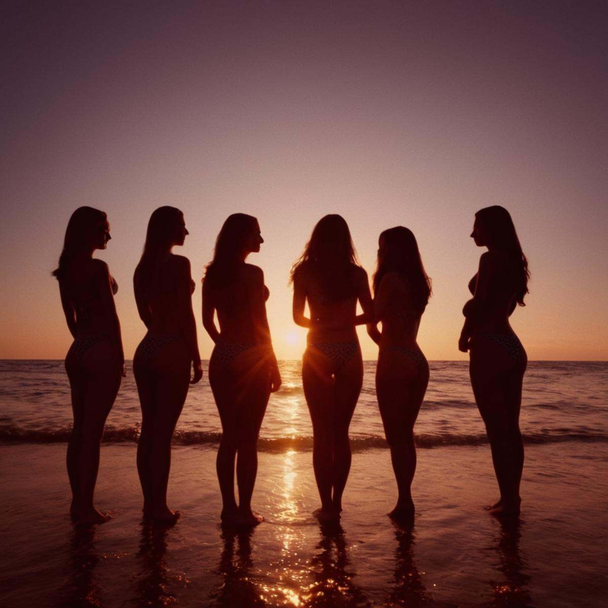 cinematic film still of A backlight photo of a group of people standing on top of a beach,  long hair,  multiple girls on...