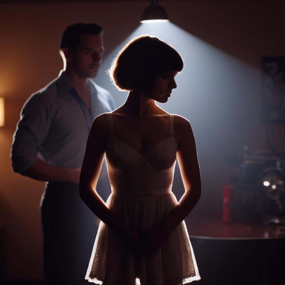 cinematic film still of A backlight photo of a woman in a dress standing in front of a man,  1girl,  breasts on Tensor.Art