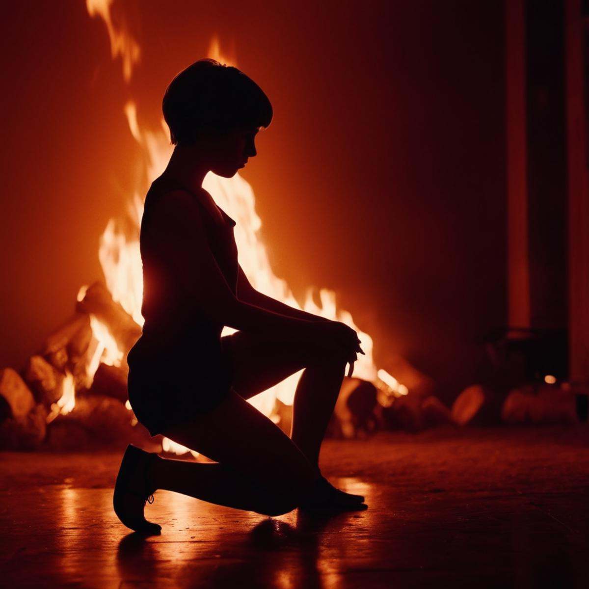 cinematic film still of A backlight photo of a person kneeling down in front of a fire,  1girl,  solo on Tensor.Art