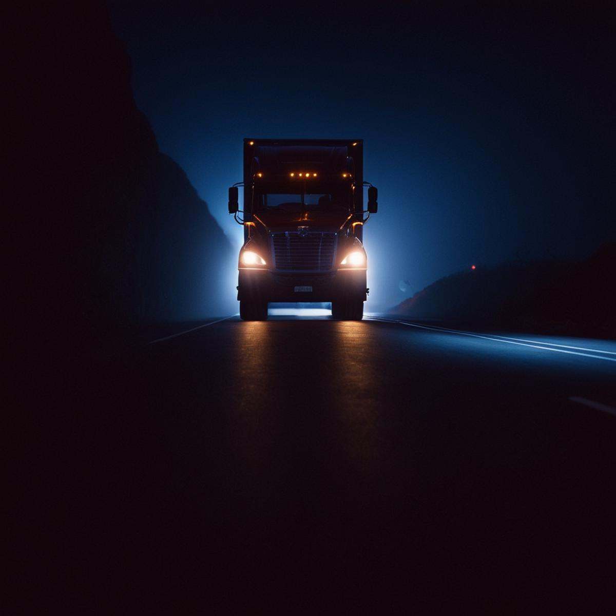 cinematic film still of A backlight photo of a truck driving down a road at night,  no humans,  ground vehicle on Tensor.Art