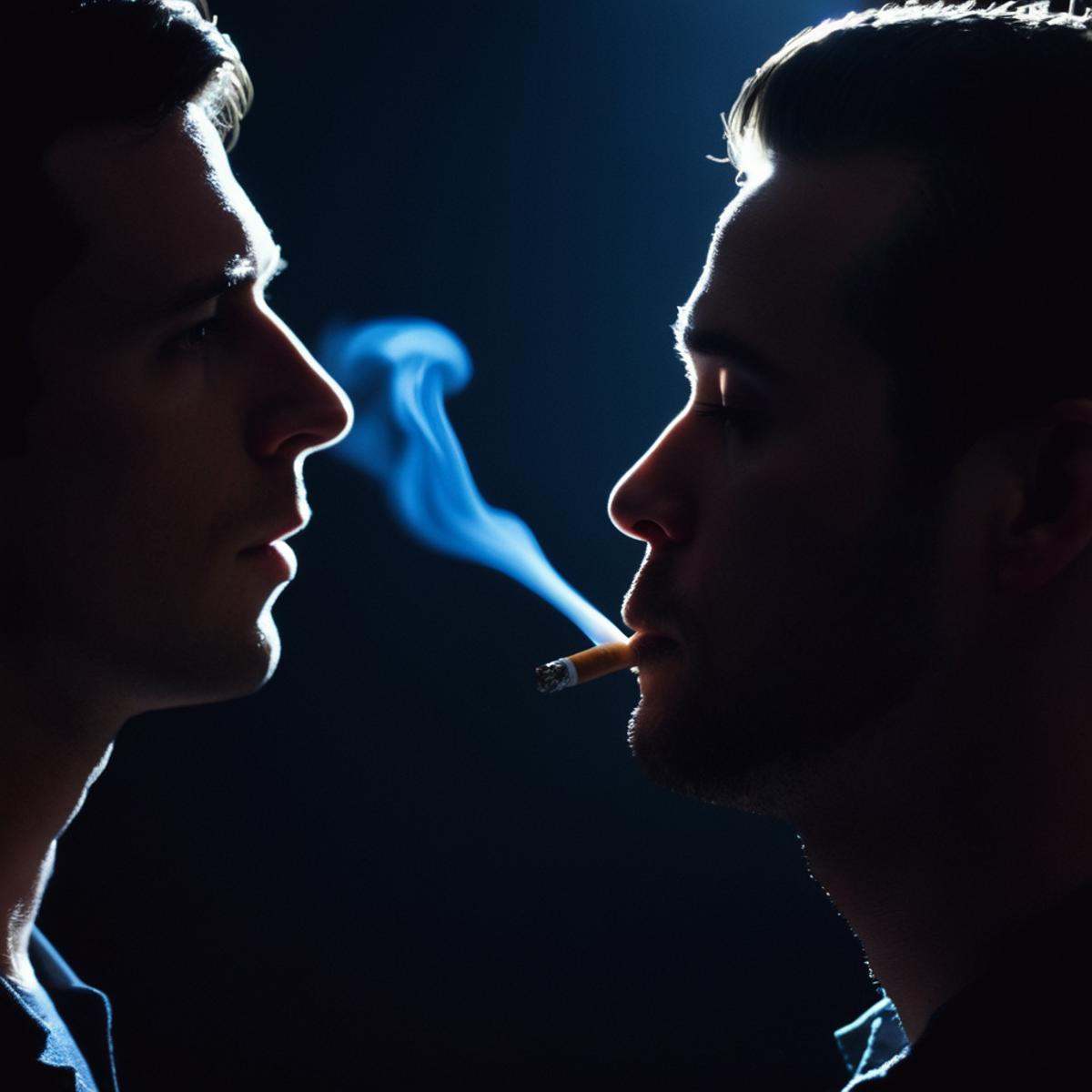 cinematic film still of A backlight photo of a person smoking a cigarette in the dark,  solo,  simple background on Tensor...
