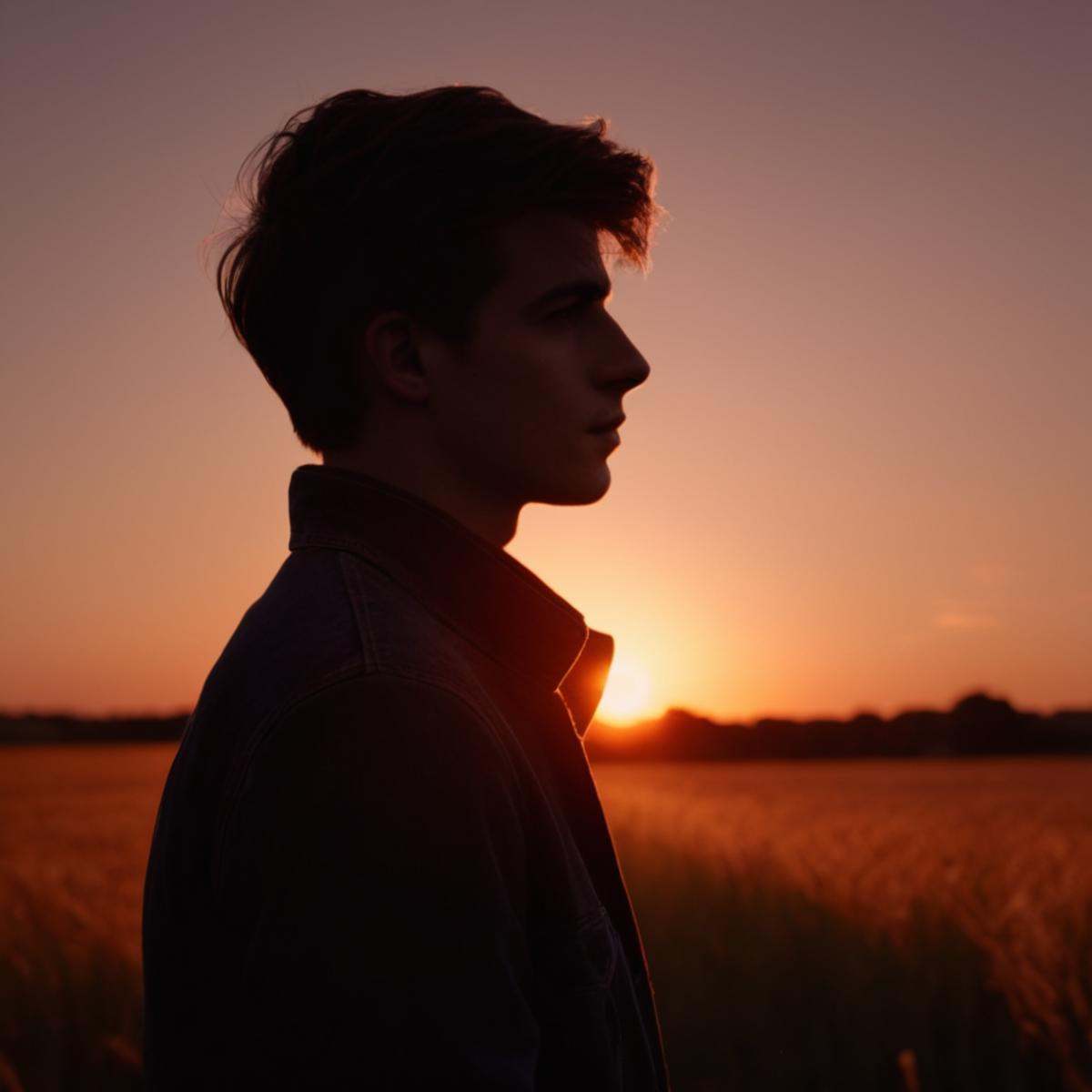 cinematic film still of A backlight photo of a person standing in a field with a sunset behind them,  solo,  short hair on...