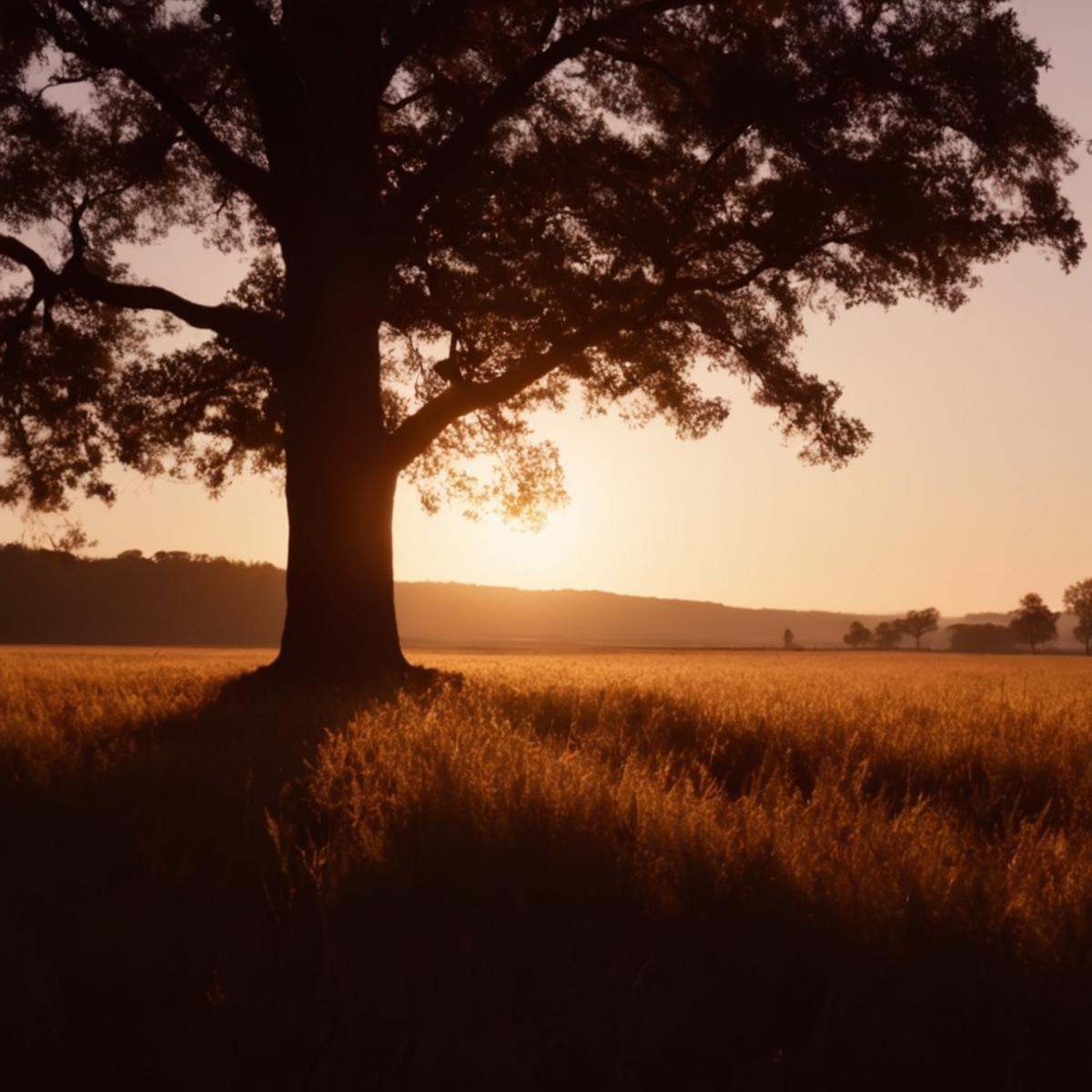 cinematic film still of A backlight photo of a tree in a field with the sun setting behind it,  outdoors,  sky on Tensor.Art