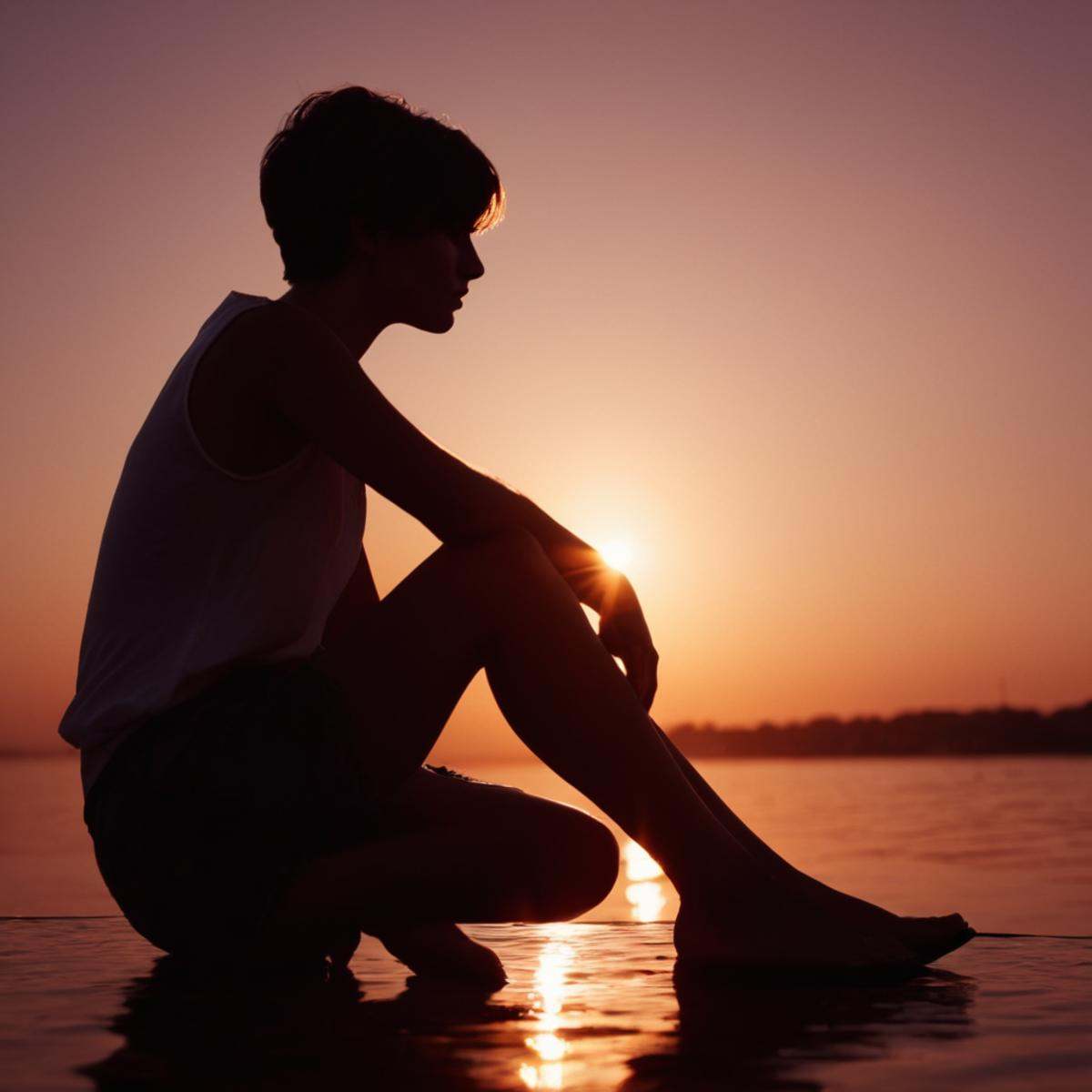 cinematic film still of A backlight photo of a woman sitting on a dock at sunset,  solo,  short hair on Tensor.Art