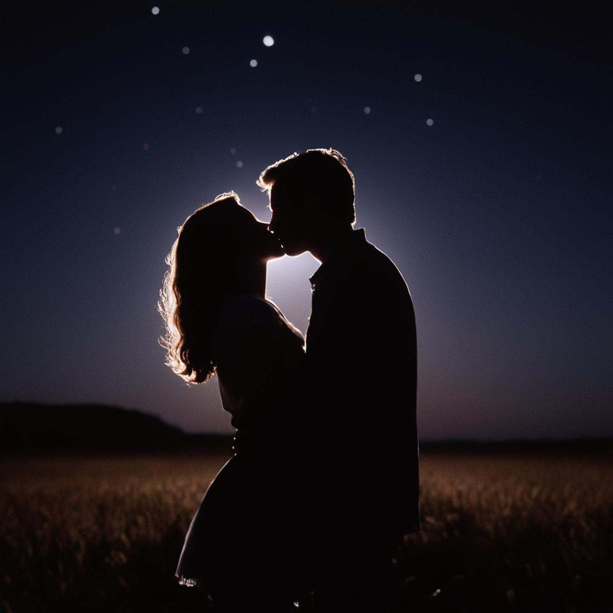 cinematic film still of A backlight photo of a couple is kissing in the moonlight with stars in the sky,  1girl,  long hai...