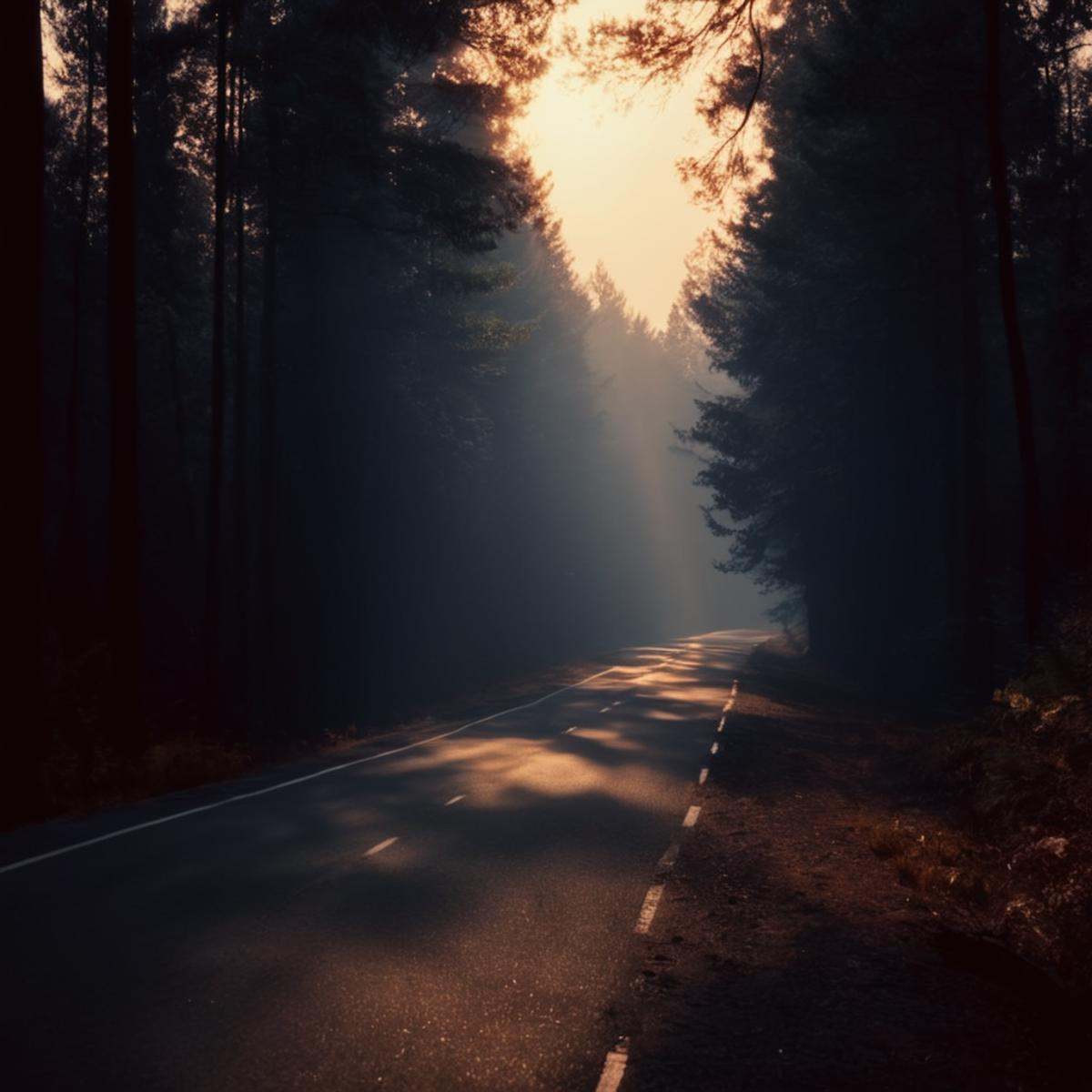 cinematic film still of A backlight photo of a road in the middle of a forest with a fire in the distance,  outdoors,  tre...