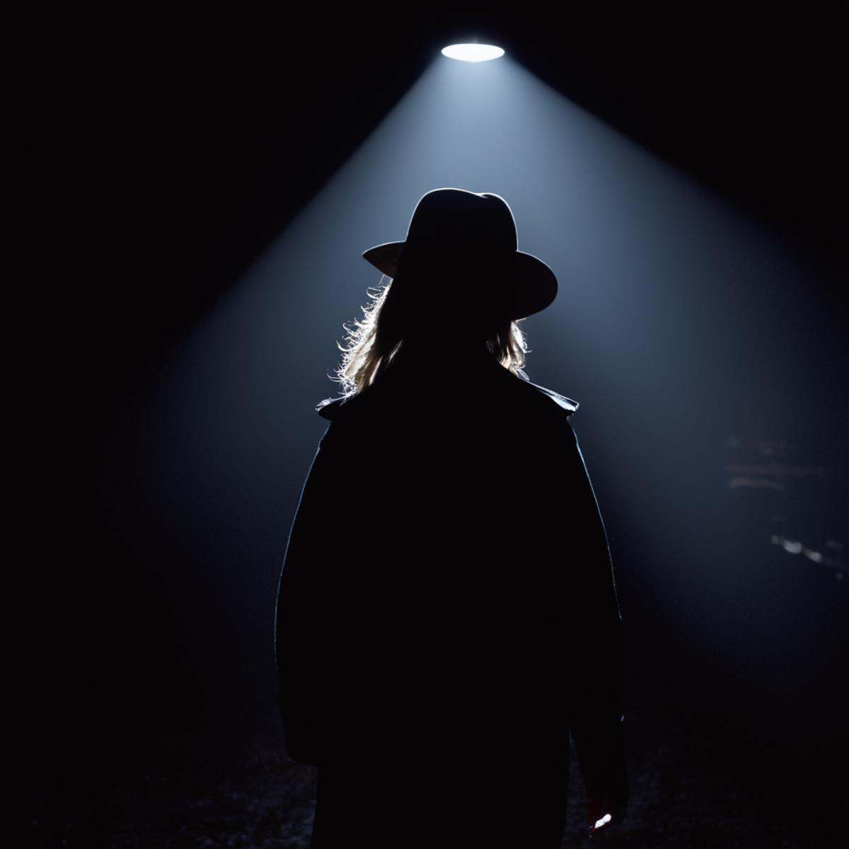 cinematic film still of A backlight photo of a person walking in the dark with a light shining on them,  1girl,  solo on T...