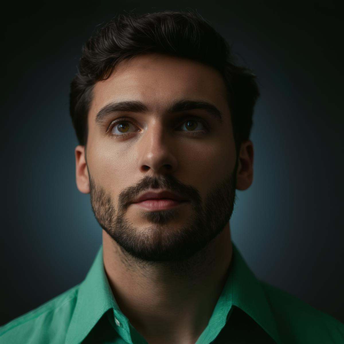 cinematic film still of Butterfly lighting photography of a man in a green shirt looking up,  solo,  looking at viewer on...