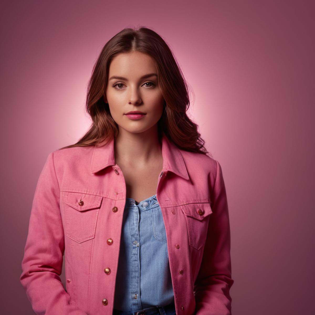 cinematic film still of Butterfly lighting photography of a young woman in a pink jacket and jeans,  1girl,  solo on Tenso...