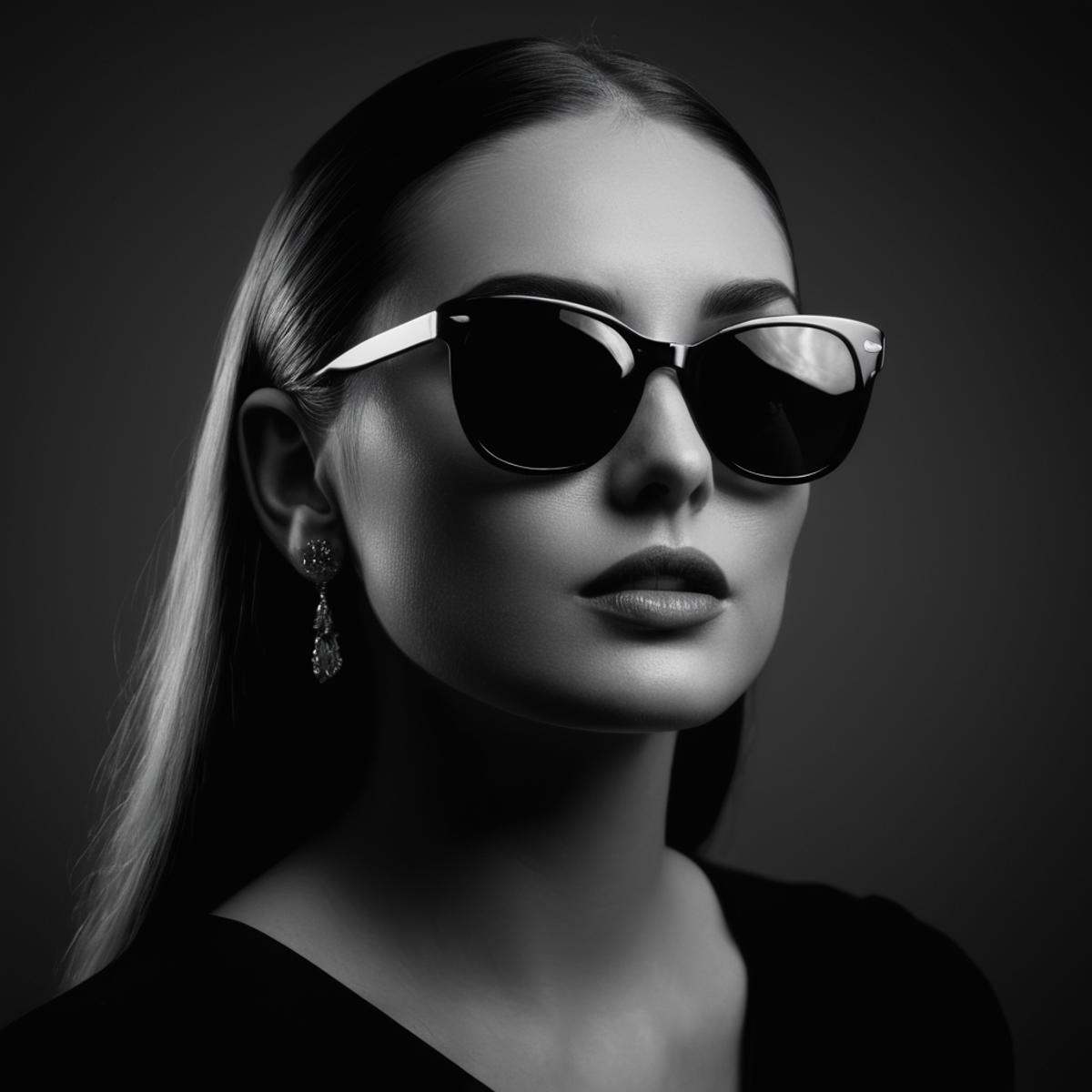 cinematic film still of Butterfly lighting photography of a woman with nose shadow wearing sunglasses and a black dress,...