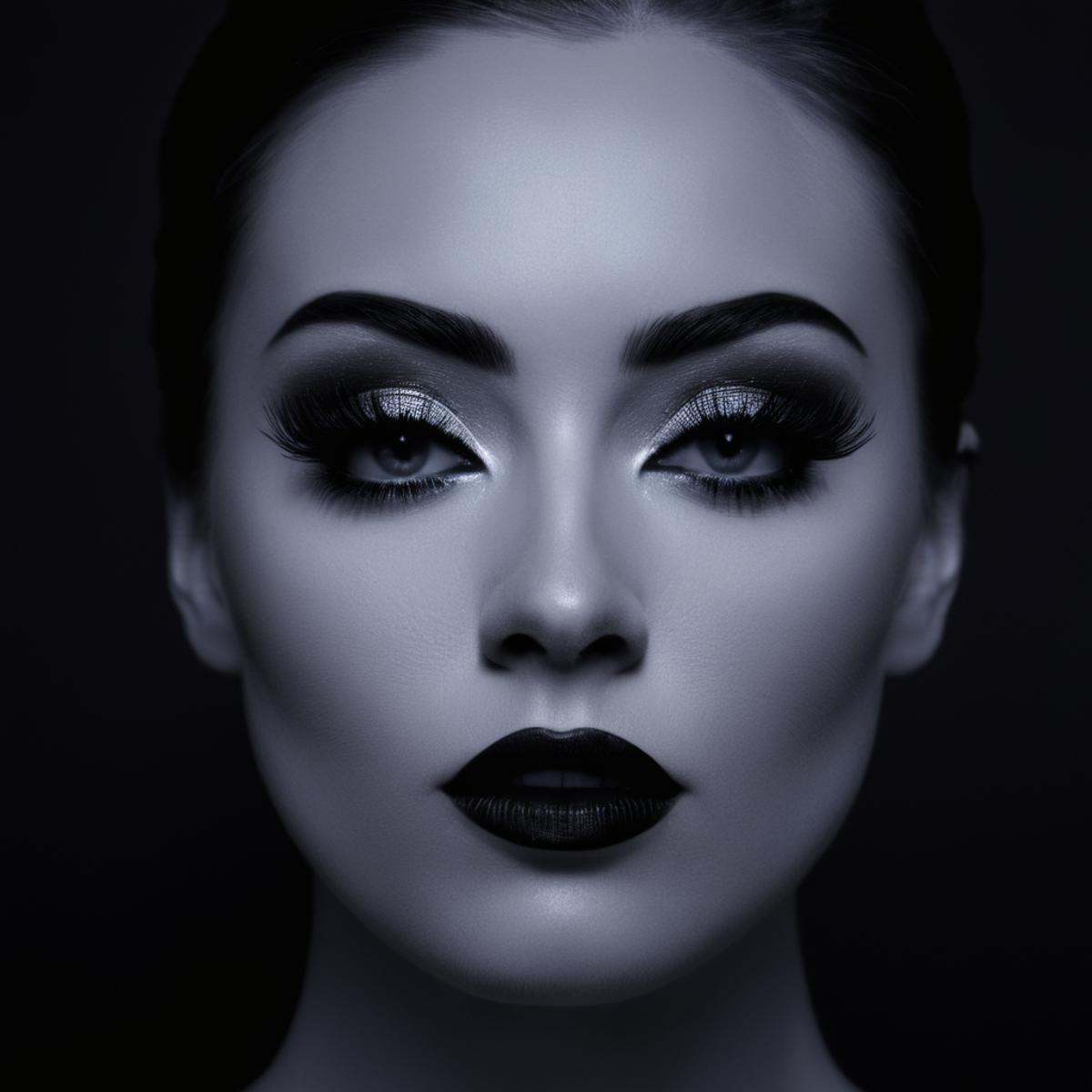 cinematic film still of Butterfly lighting photography of a woman with black makeup and black eyelashes,  1girl,  solo on...
