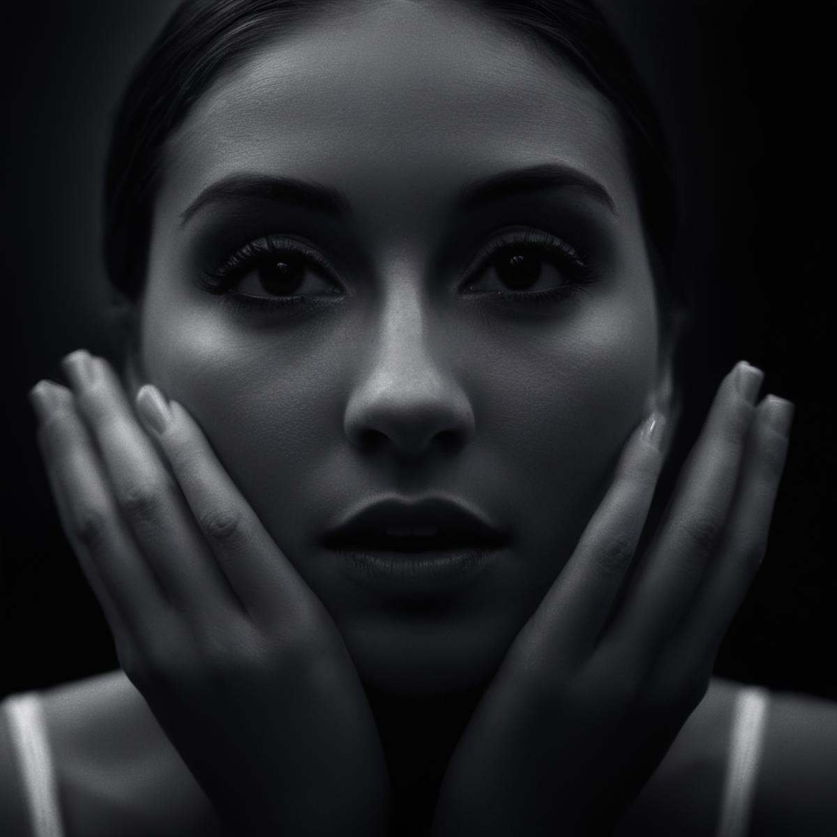 cinematic film still of Butterfly lighting photography of a woman with her hands on her face,  1girl,  solo on Tensor.Art