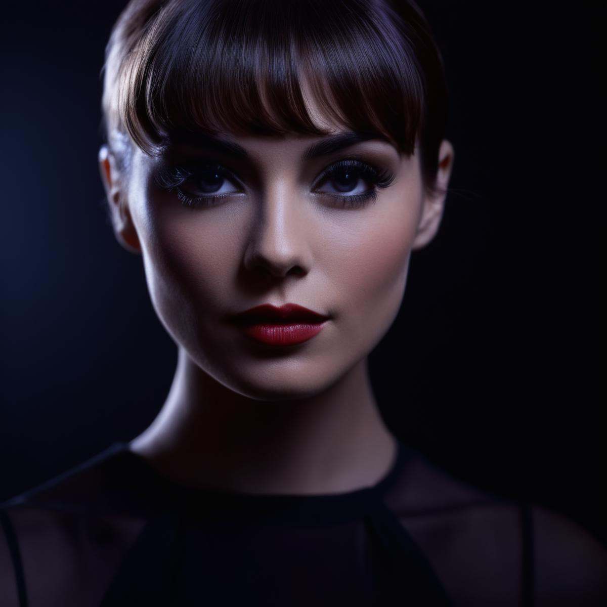 cinematic film still of Butterfly lighting photography of a woman with a black dress and a black background,  1girl,  solo...