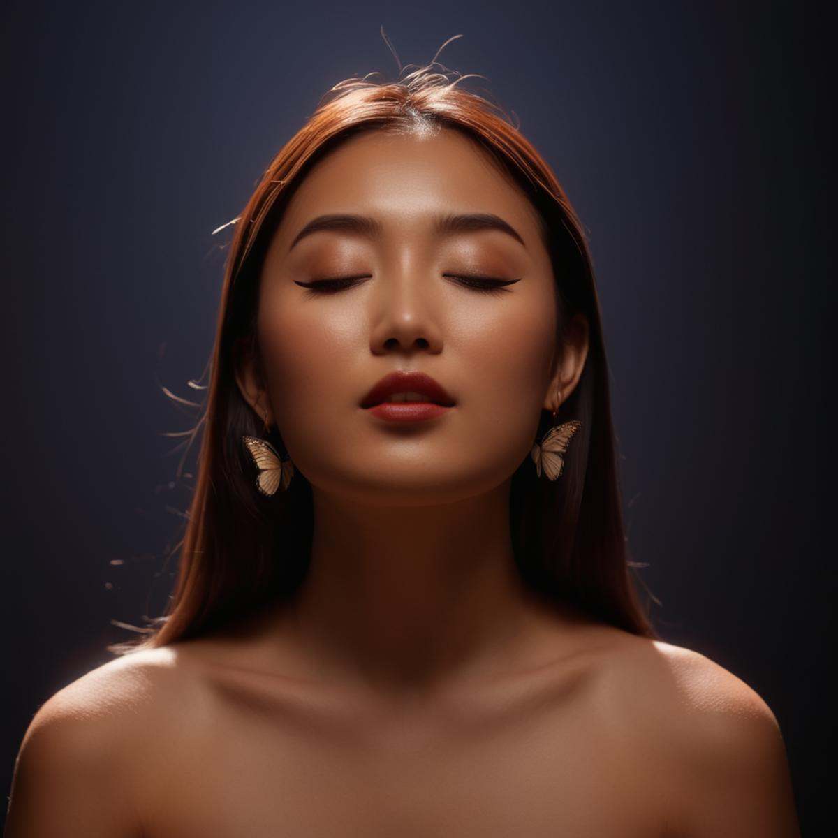 cinematic film still of Butterfly lighting photography of a cute Asian woman with nose shadow and a bare torso is posing f...