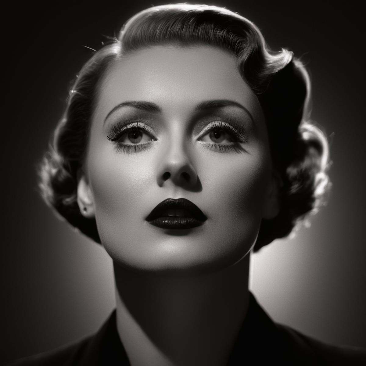 cinematic film still of Butterfly lighting photography of a Hollywood style 1940's woman looking up,  1girl,  solo on Tens...