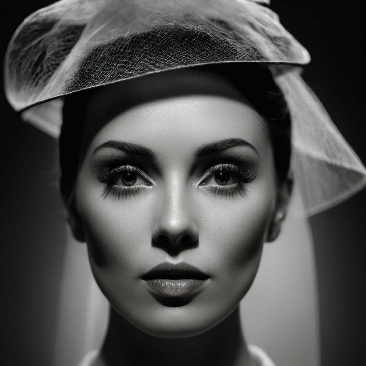 cinematic film still of Butterfly lighting photography of a woman with a hat and veil on her head,  1girl,  solo on Tensor...