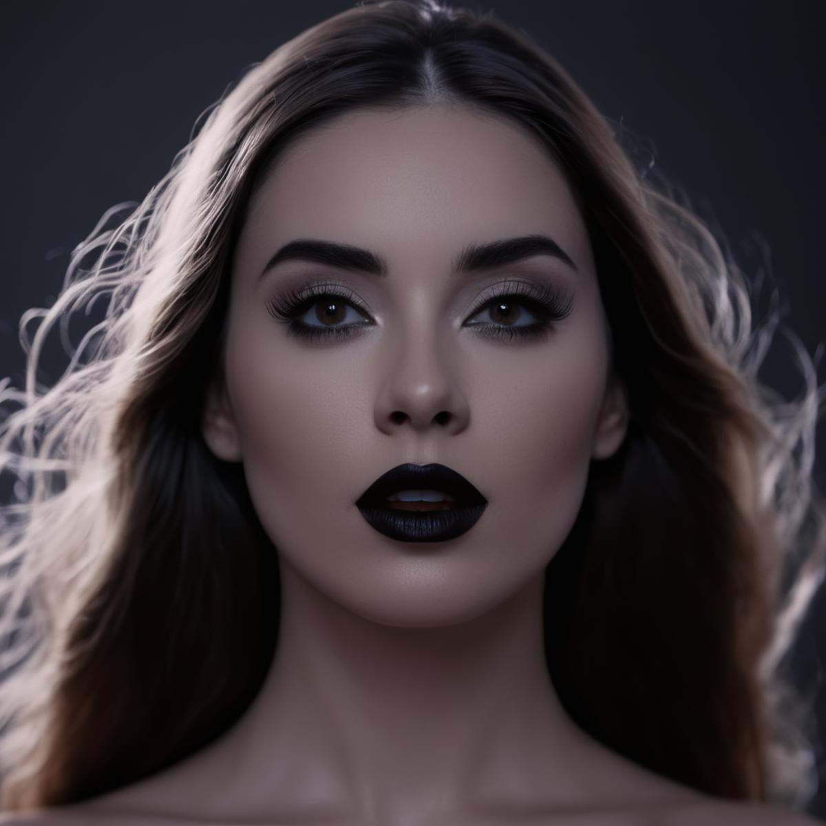 cinematic film still of Butterfly lighting photography of a woman with long hair and a black lip,  1girl,  solo on Tensor.Art