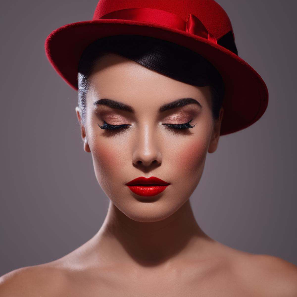 cinematic film still of Butterfly lighting photography of a woman with a red lip and a hat,  1girl,  solo on Tensor.Art