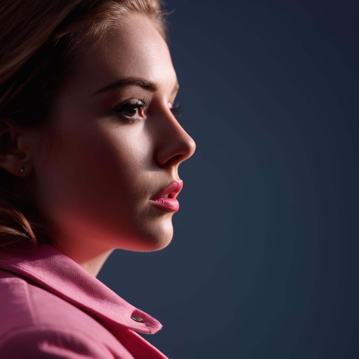 cinematic film still of Butterfly lighting photography of a youngwoman in a pink jacket and jeans,  1girl,  solo on Tensor...
