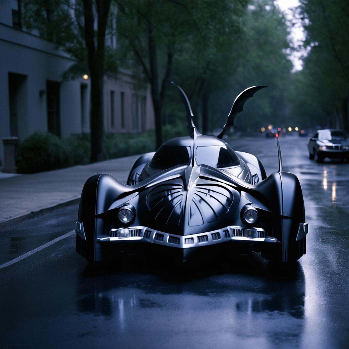 cinematic film still of batmobile 1995 a black car with a hood open parked on a street,  outdoors,  tree on Tensor.Art