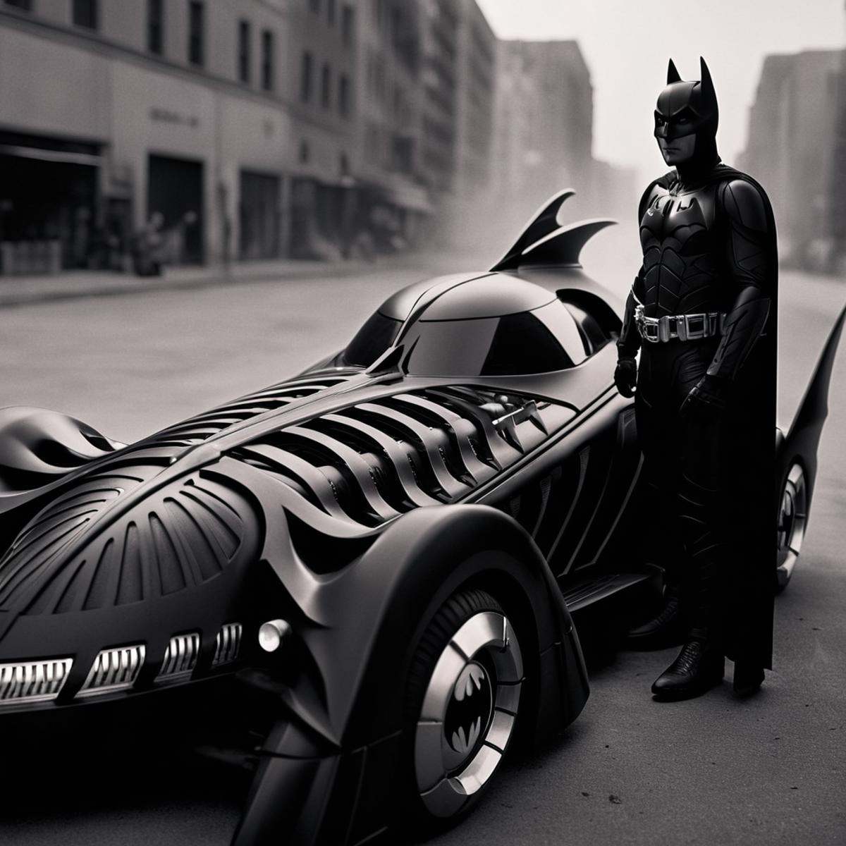 cinematic film still of batmobile 1995 a batman car with a batman mask on the front,  1boy,  standing on Tensor.Art