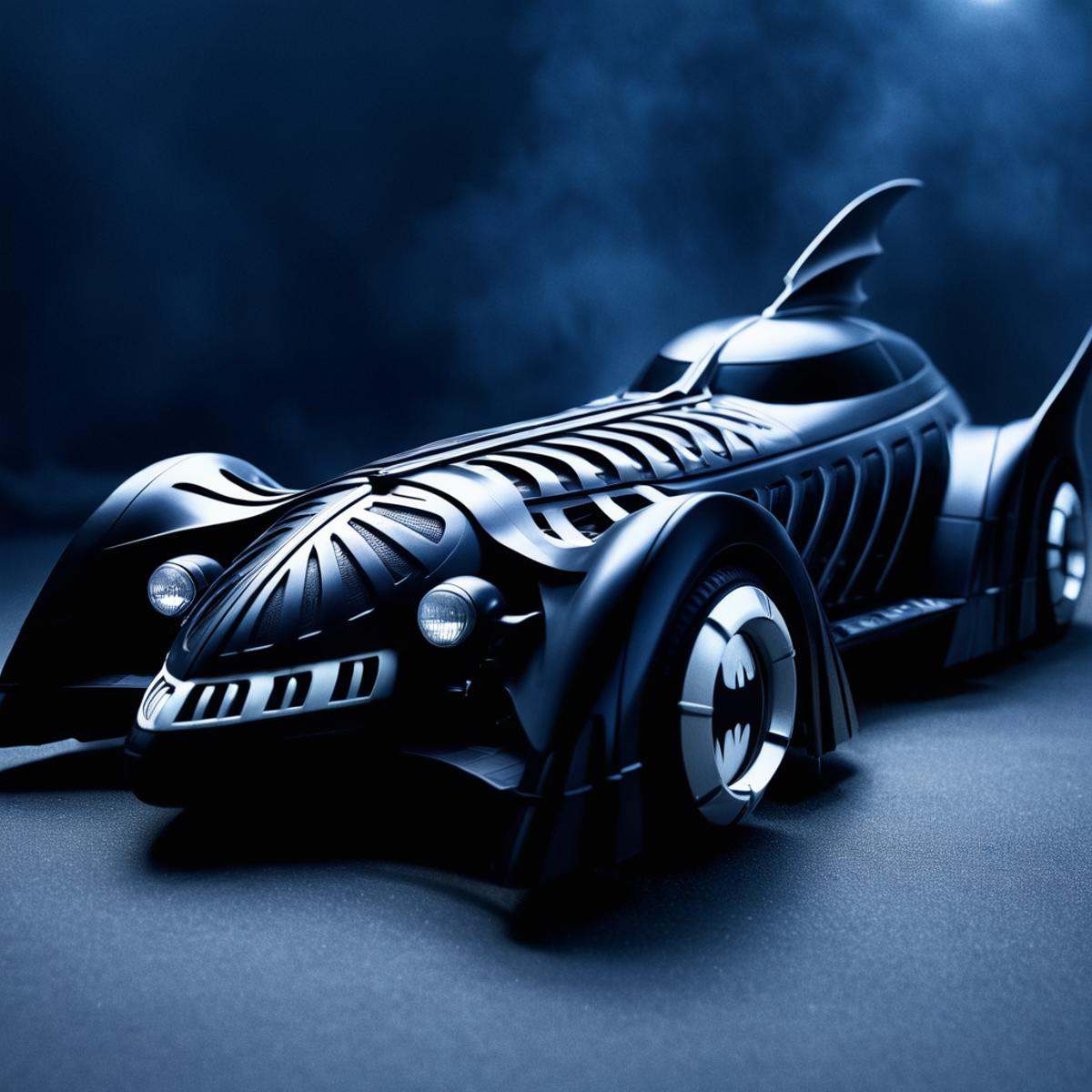 cinematic film still of batmobile 1995 a car with a skeleton on the front of it,  hat,  mask on Tensor.Art