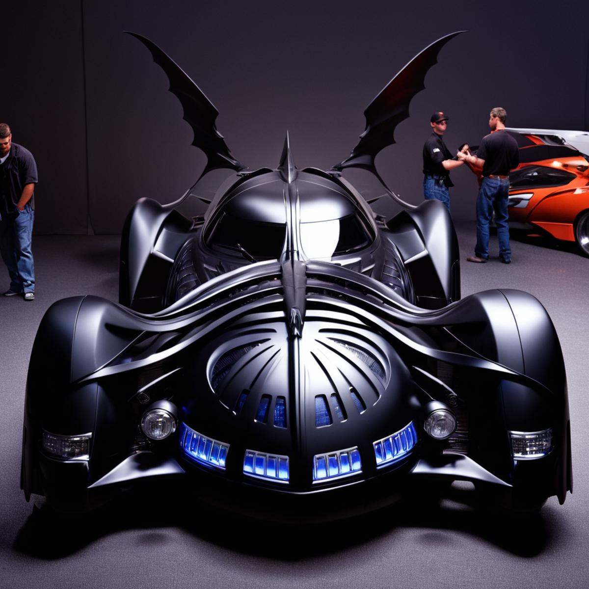 cinematic film still of batmobile 1995 a batmobile is on display at a convention,  jacket,  multiple boys on Tensor.Art