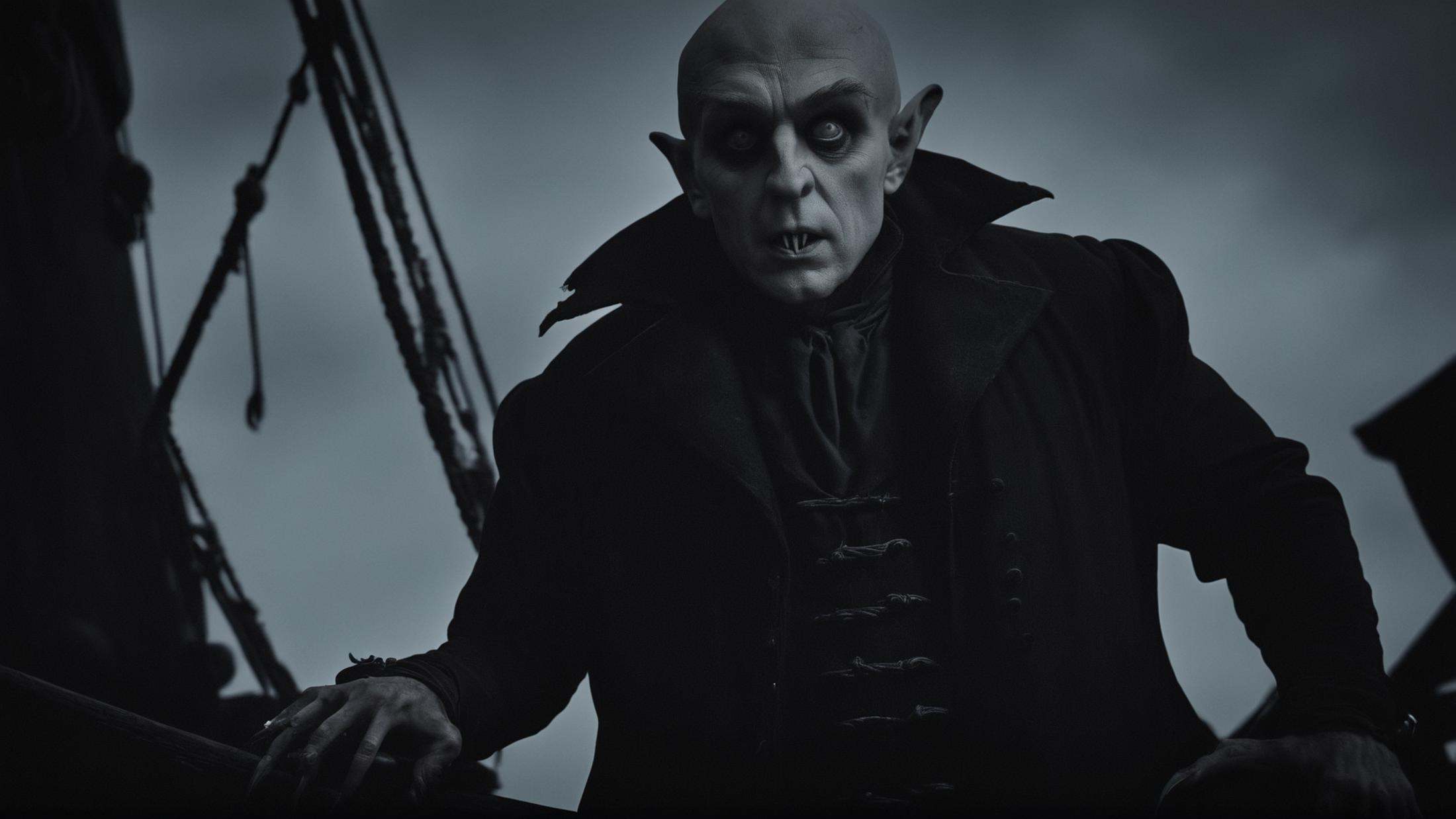 cinematic film still of Nosferatu a man in a pirate costume standing on a boat,  solo,  1boy on Tensor.Art
