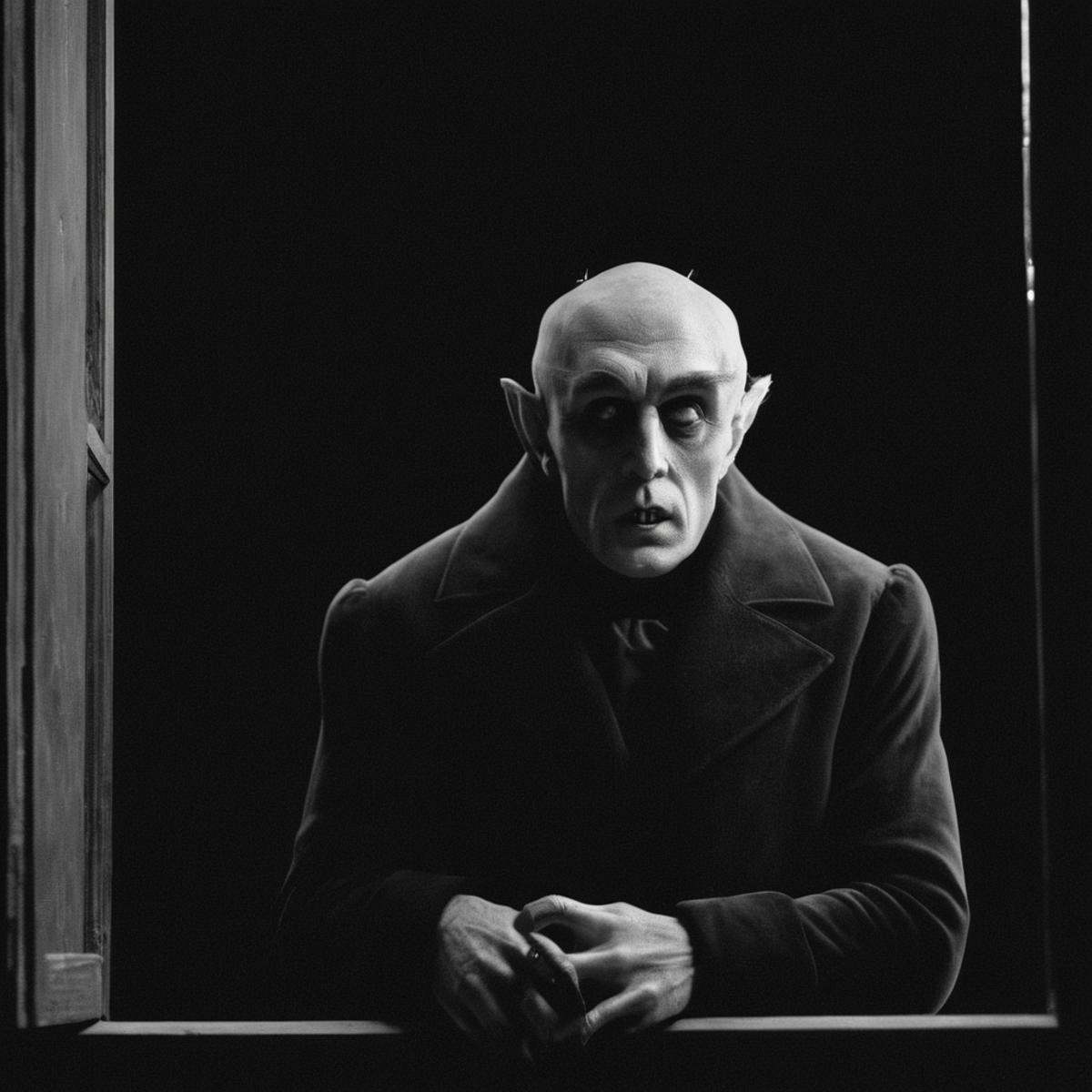 cinematic film still of Nosferatu a creepy looking picture of a man in a window,  monochrome,  greyscale on Tensor.Art