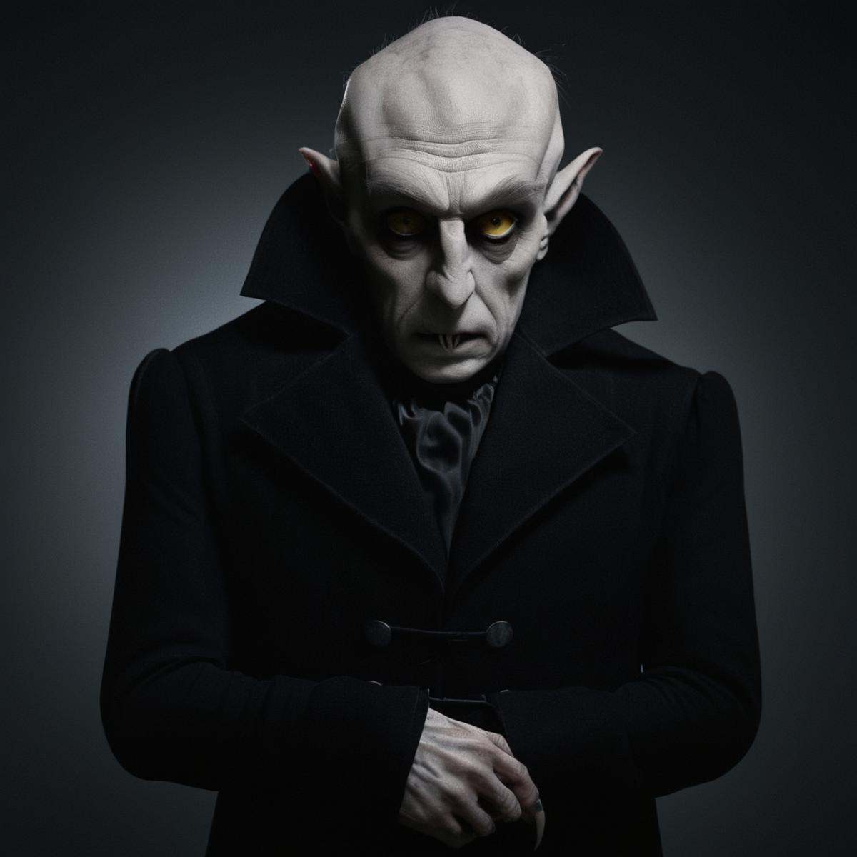 cinematic film still of Nosferatu a man in a long black coat and a white face,  solo,  simple background on Tensor.Art