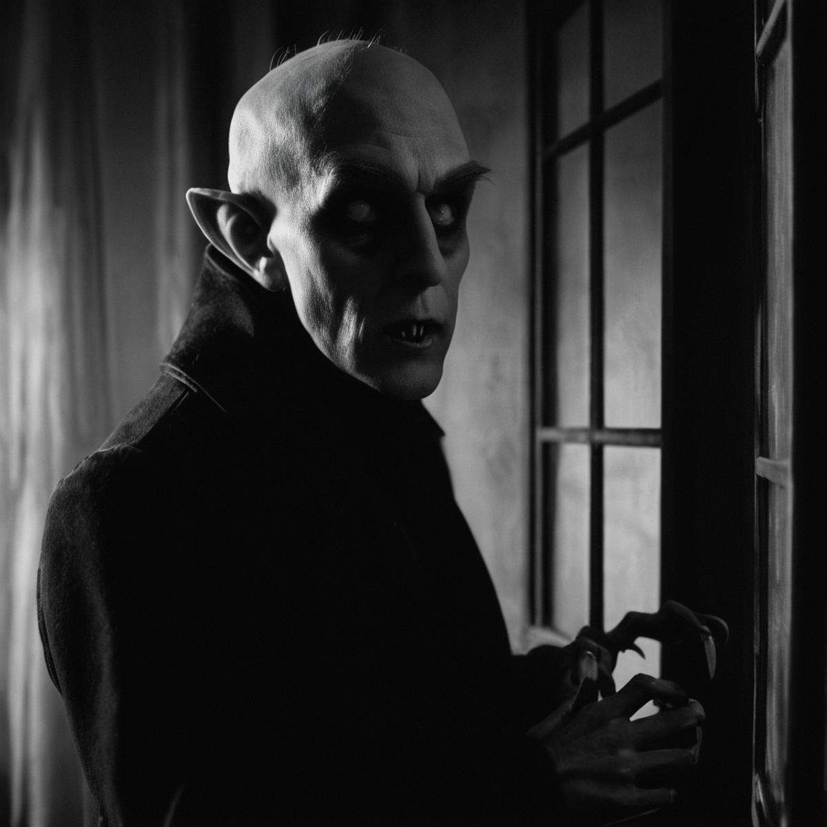 cinematic film still of Nosferatu a creepy looking picture of a man in a window,  monochrome,  greyscales on Tensor.Art