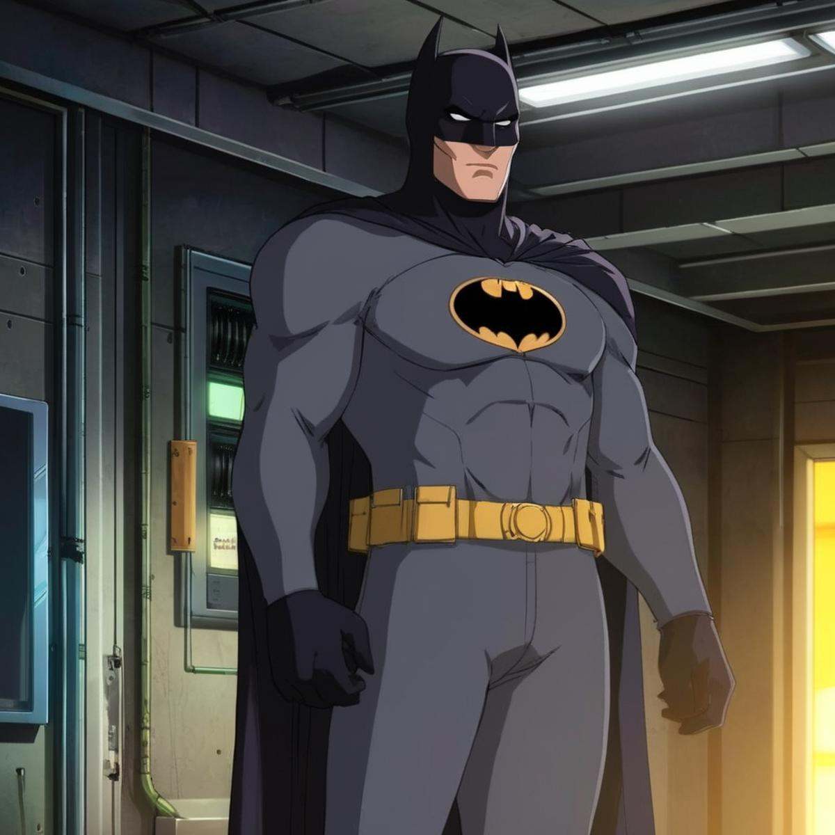 anime artwork of a maskless bruce wayne man in a batman costume standing in a room inside batcave anime manga girl style,...