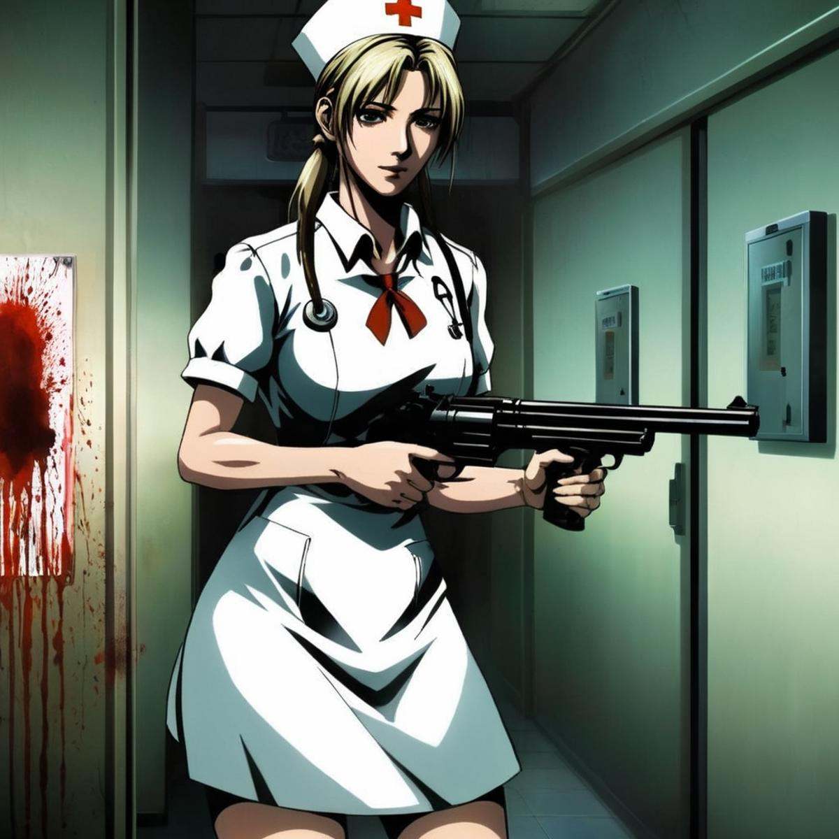 anime artwork of a creepy female creature woman in a white nurse dress holding a revolver_gun inside a dark bloody hospita...