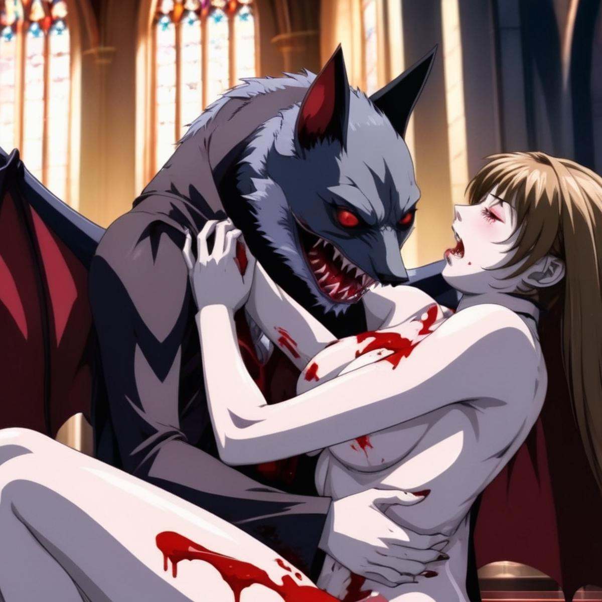 anime artwork of a creepy vampire_bat creature is biting a naked_woman in her neck while holding her with blood on her nec...