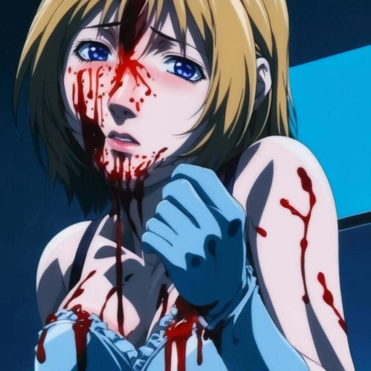 anime artwork of a person standing in a dark room in a blue background with bloody hand covered in blood in foreground ani...