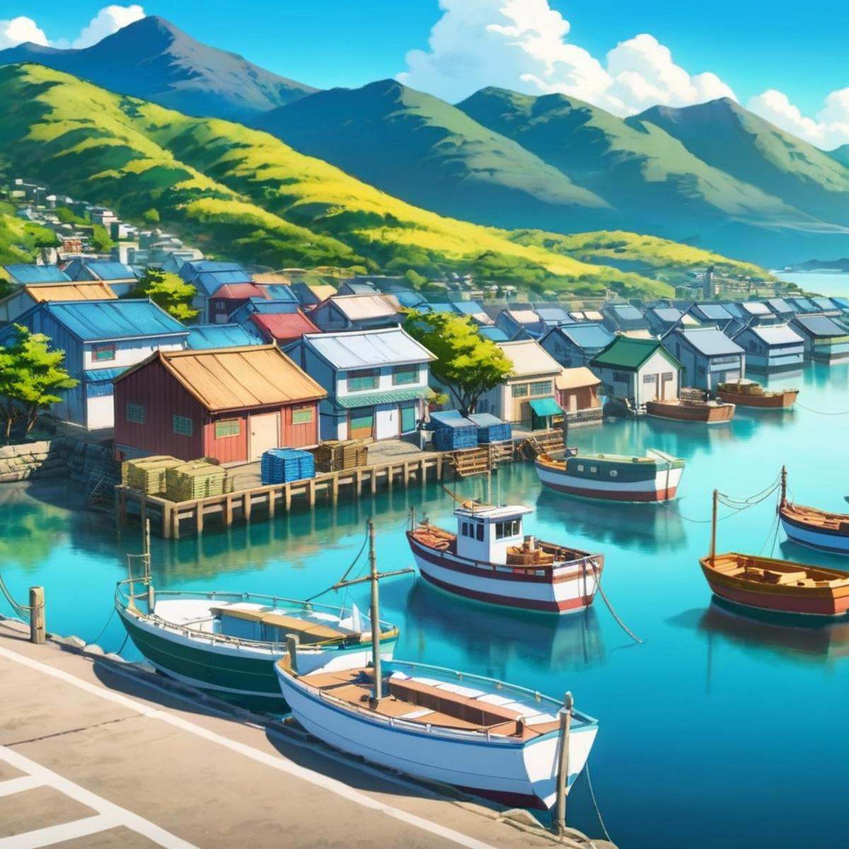anime artwork of a harbor with boats and mountains in the background anime manga girl style,  anime style,  key visual on...