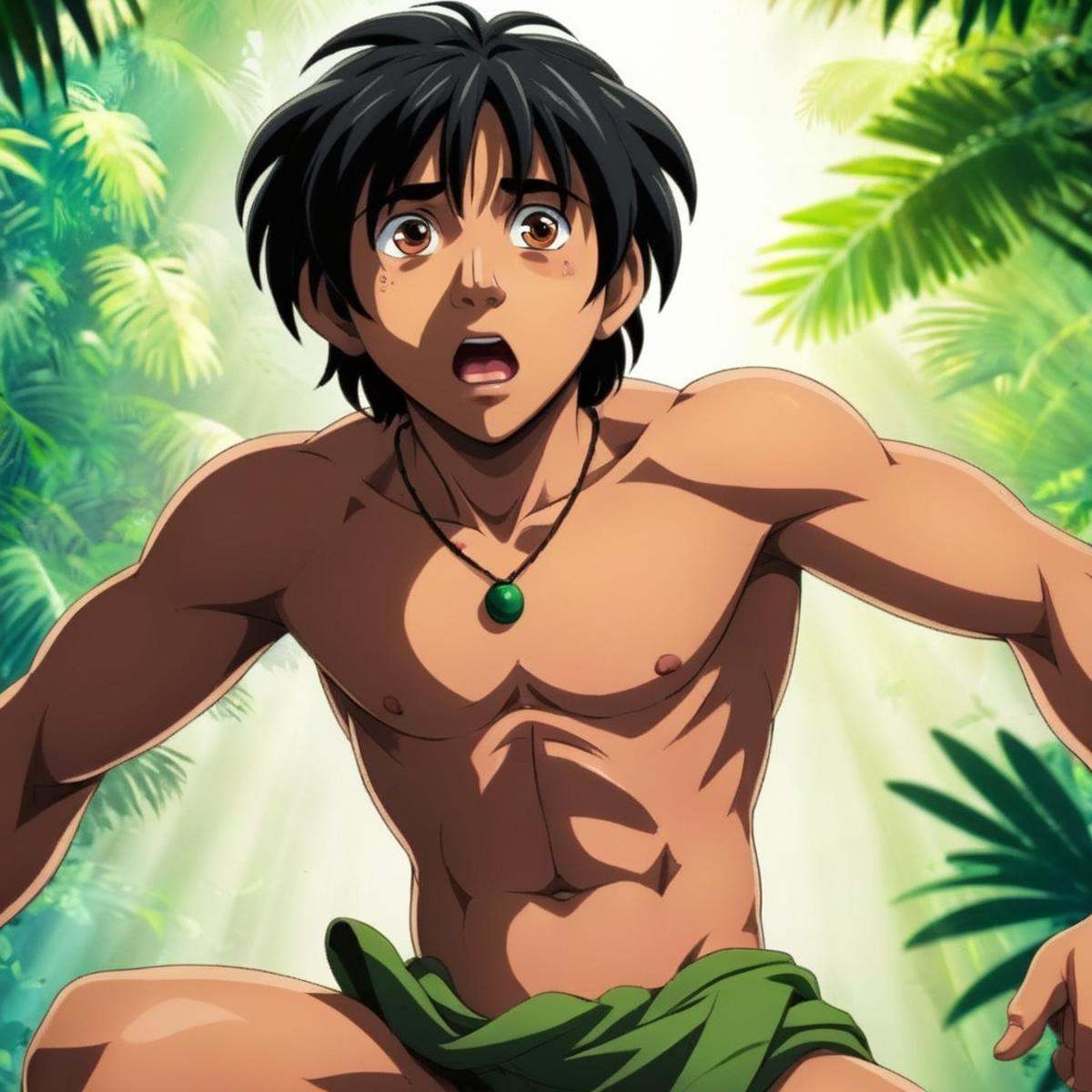 anime artwork of Mowgli a cartoon character with a very big scared look on his face anime manga girl style,  anime style,...