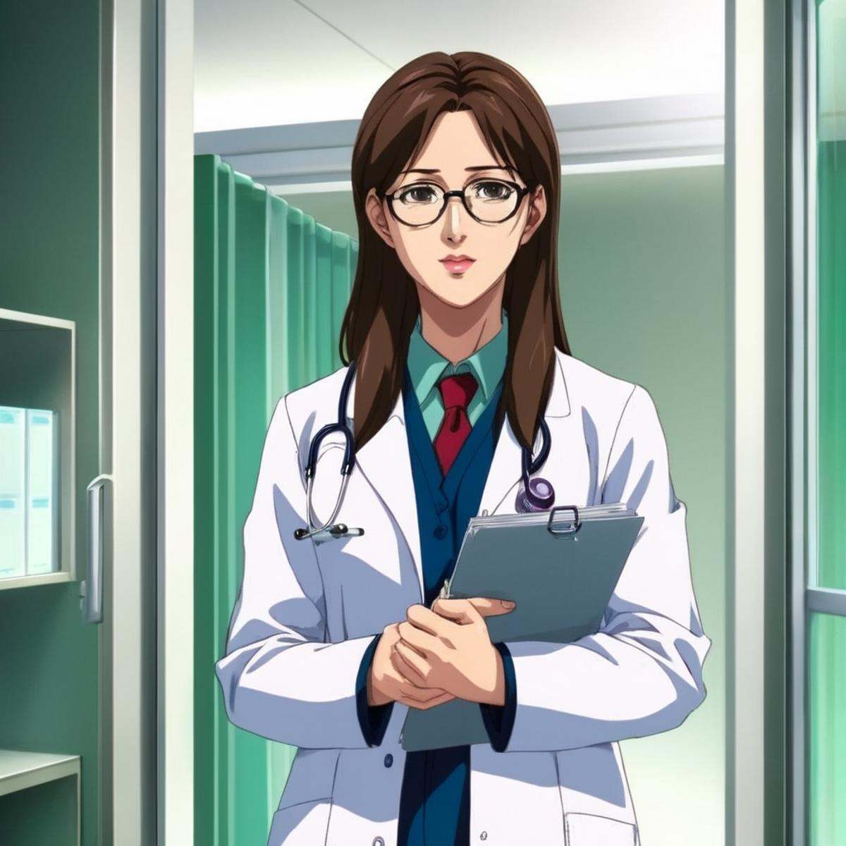 anime artwork of a Dr. woman with glasses and a white coat in a hospital room anime manga girl style,  anime style,  key v...